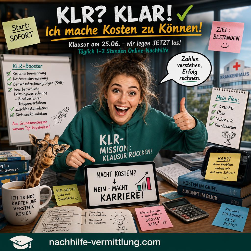 Nachhilfe KLR, Kosten- und Leistungsrechnung, Kostenartenrechnung, Kostenstellenrechnung, Betriebsabrechnungsbogen, BAB, Innerbetriebliche Leistungsverrechnung, Blockverfahren, Treppenverfahren, Zuschlagskalkulation, Divisionskalkulation Adelheidsdorf